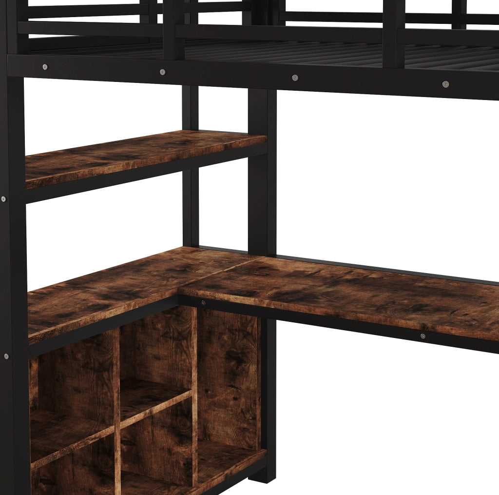 Letto a soppalco 90×200 cm nero con scrivania, appendiabiti e ripiani