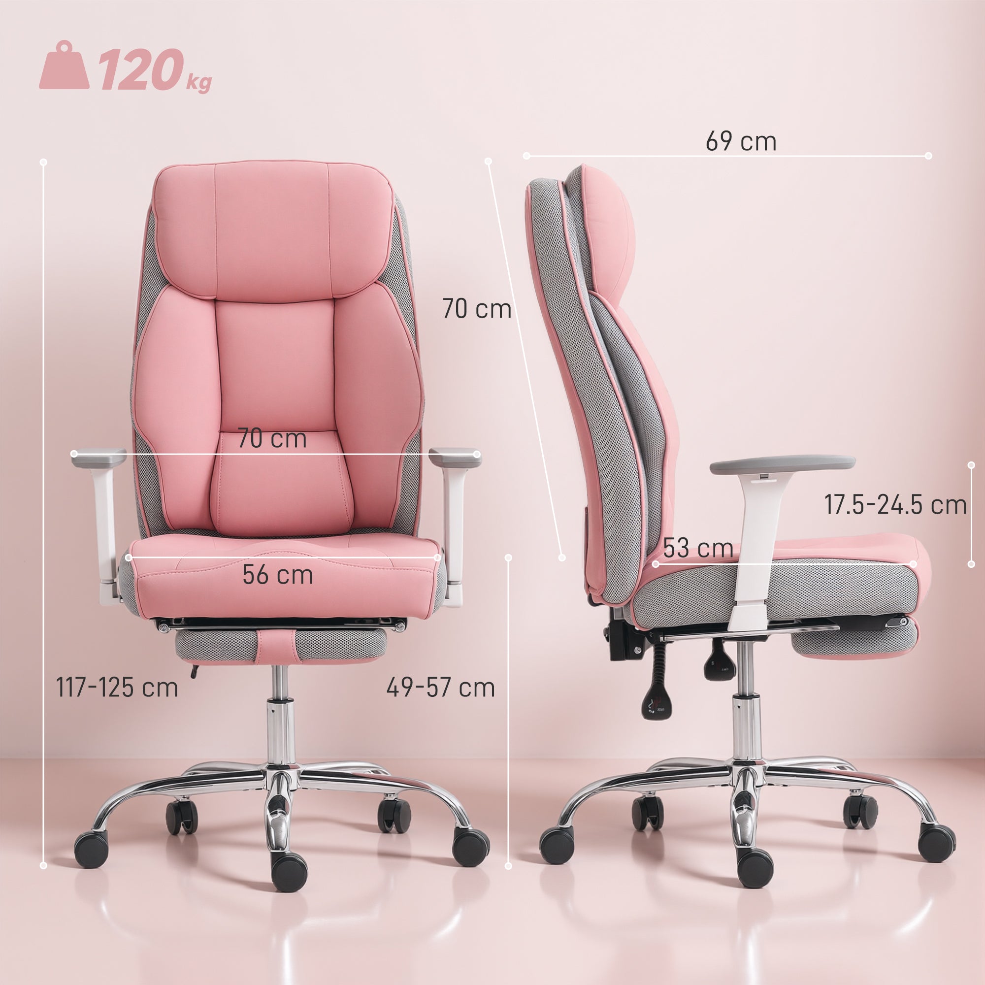 Sedia da Ufficio Ergonomica Rinforzata con Braccioli Regolabili Poggiapiedi e Poggiatesta in PU Rosa