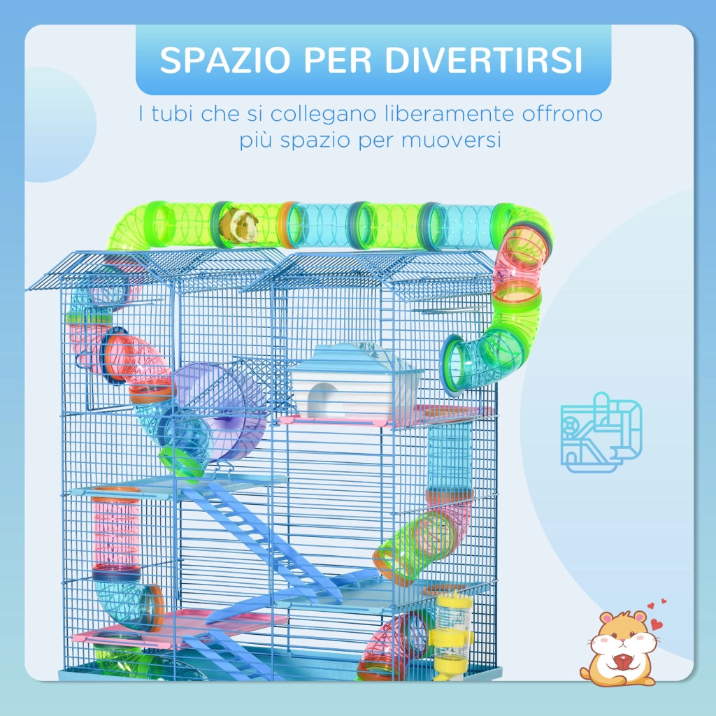 EasyComfort Gabbia per Criceti e Roditori a 5 Piani, Gabbietta per Criceti con Tubi Colorati, Ruota, Casetta e Accessori Inclusi, 47x30x59 cm, Blu
