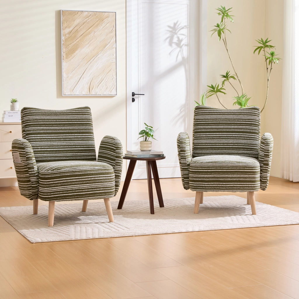 Poltrona da Lettura con Tasca Laterale; Comfort Ergonomico; Gambe in Legno Massello in Bouclé Verde Oliva