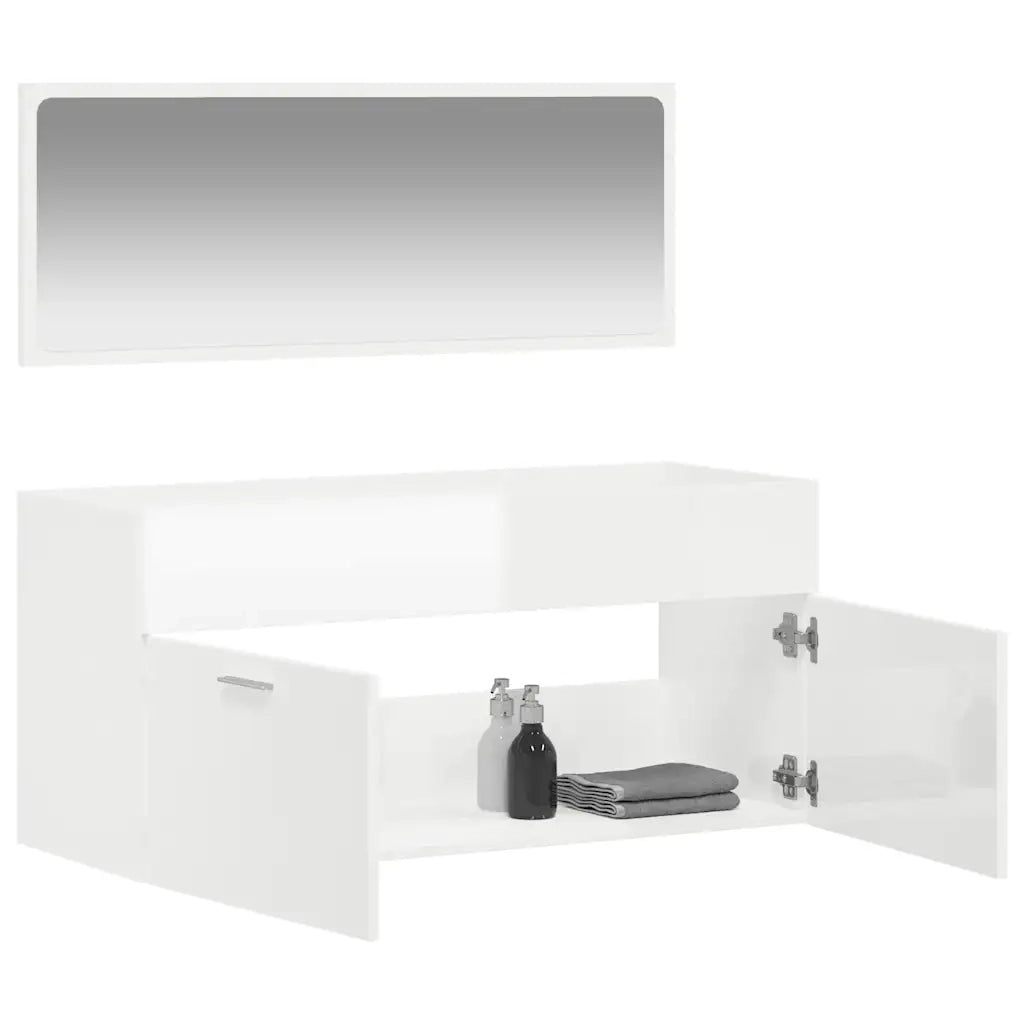 Mobiletto da bagno a parete con specchio 100 x 38,5 x 46 cm design moderno e pratico in legno composito bianco lucido 02_0049281