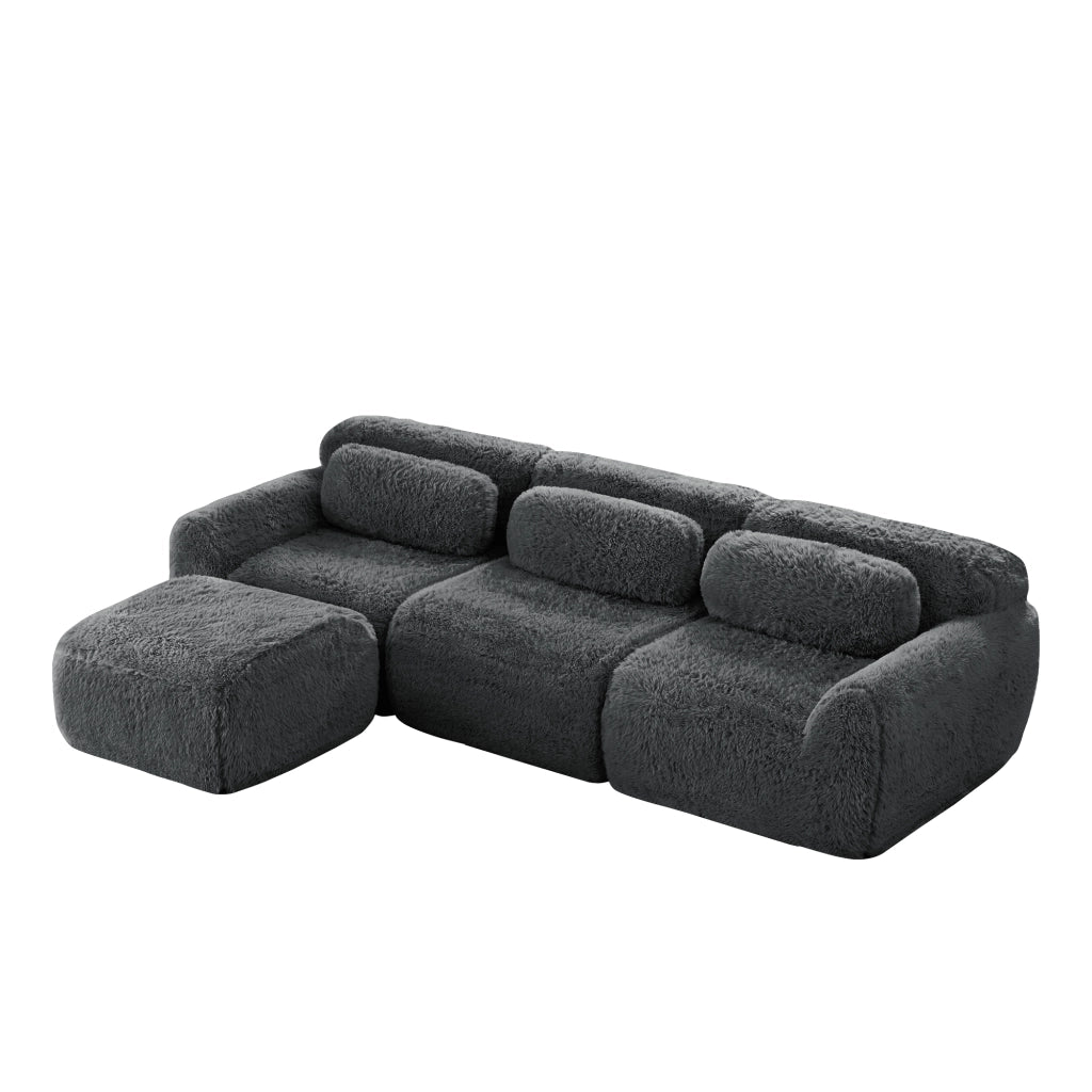Divano modulare a L senza montaggio - Zephmum - Tessuto peluche, schiuma elastica, base antiscivolo, grigio