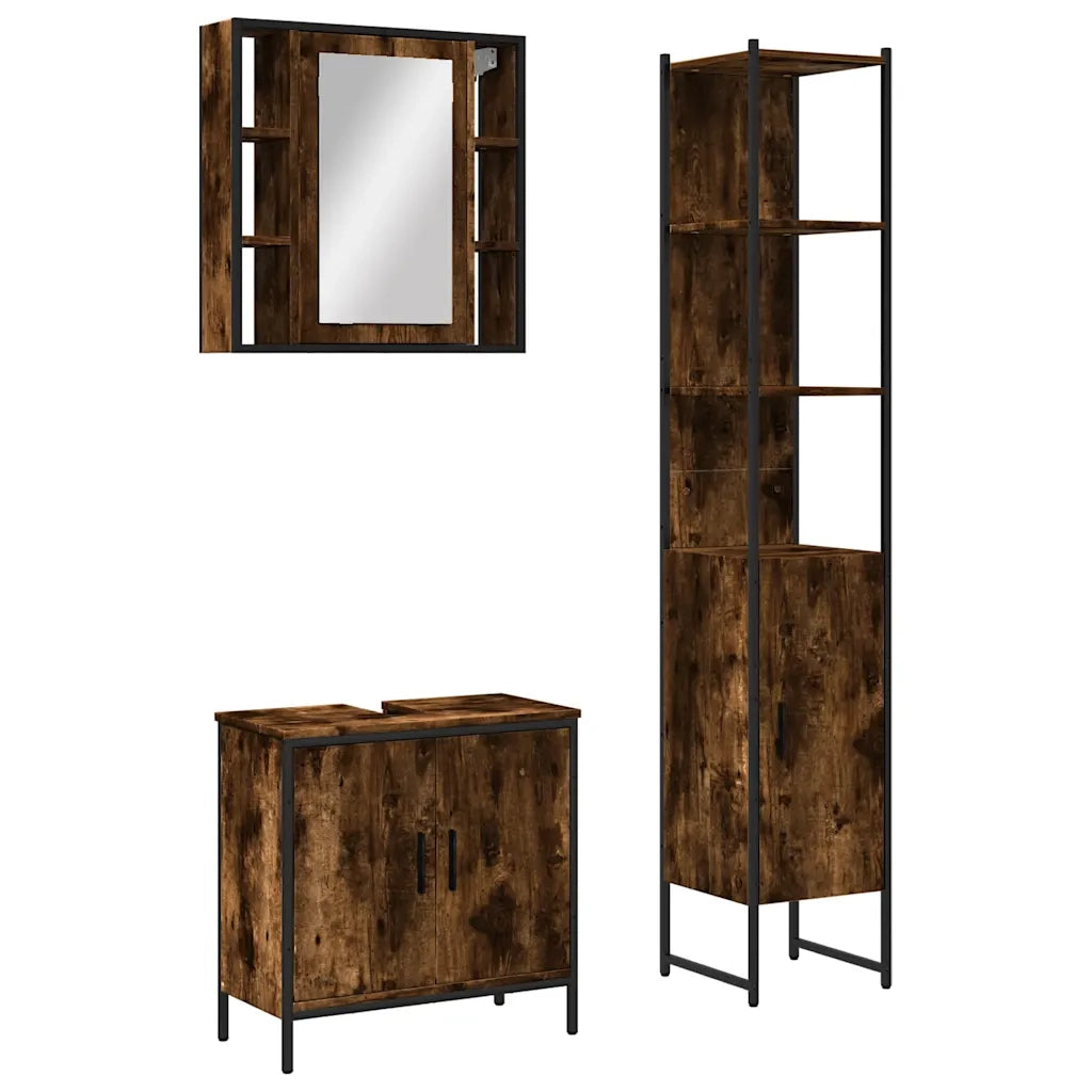 Set Mobili da Bagno 3 pz Rovere Fumo in Legno Multistrato