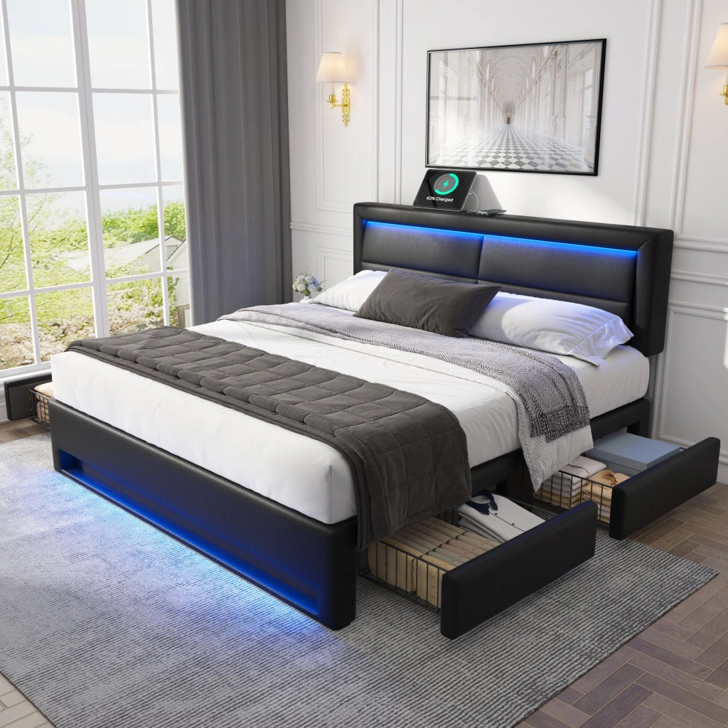 Letto imbottito 140 x 200 cm con USB, illuminazione LED e 4 cassetti, PU nero, senza materasso
