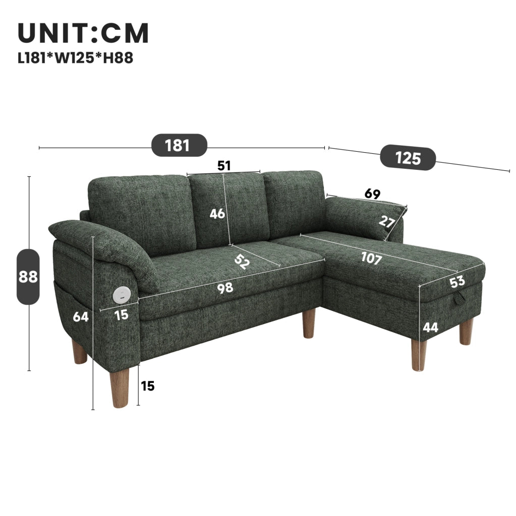 Divano angolare modulare 3 posti con chaise longue reversibile; contenitore; USB e Type-C; ciniglia verde
