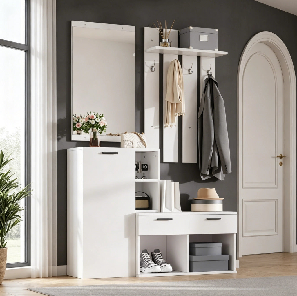 Mobile ingresso con scarpiera; specchio e panca 120x35x175;5 cm bianco HOMVRA