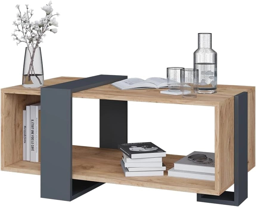 Tavolino Aven, Antracite/quercia dorata, 91.5 x 52 cm, con ripiano aggiuntivo per libri e riviste