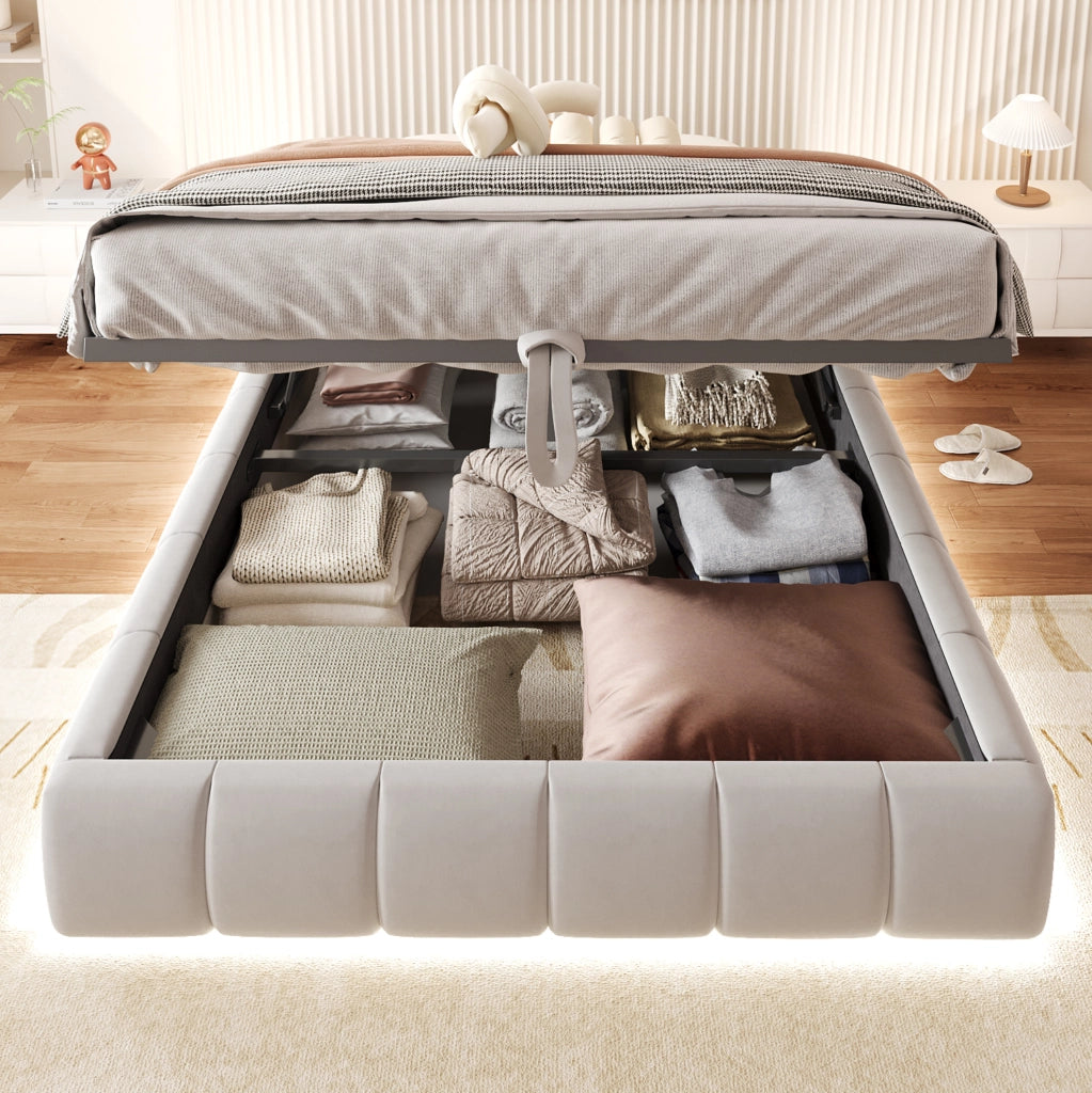 Letto imbottito 140x200 cm con vano contenitore LED beige