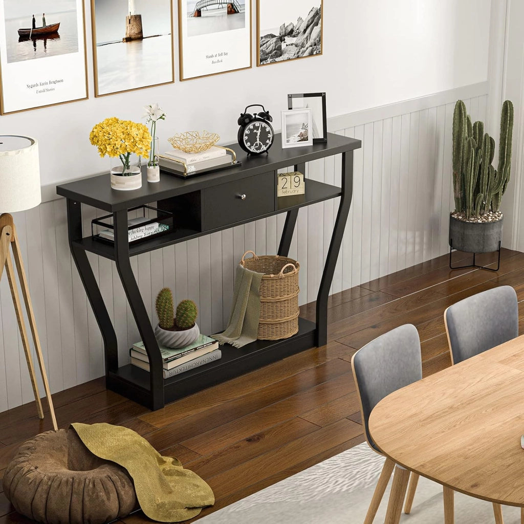 Tavolo Consolle, a 3 Ripiani, Stretto e Compatto, Cassetto con Manico, Console per Soggiorno, Salotto, Ingresso, Portata di 60 kg, 120x30x81cm, 3 Colori (Nero)