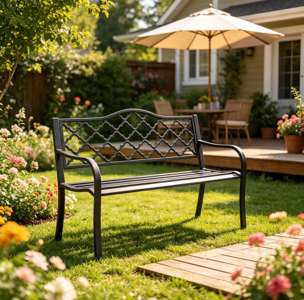 Panca da giardino a 3 posti con schienale alto; 128x60x89 cm; in metallo nero