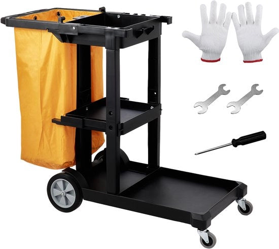 Carrello di Pulizia con 3 Piattaforme, Materiale PP, 120 x 51 x 98 cm, Massimo 200 lbs Capacità di Carico, 4 Ruote Bloccabili, Giallo+Nero
