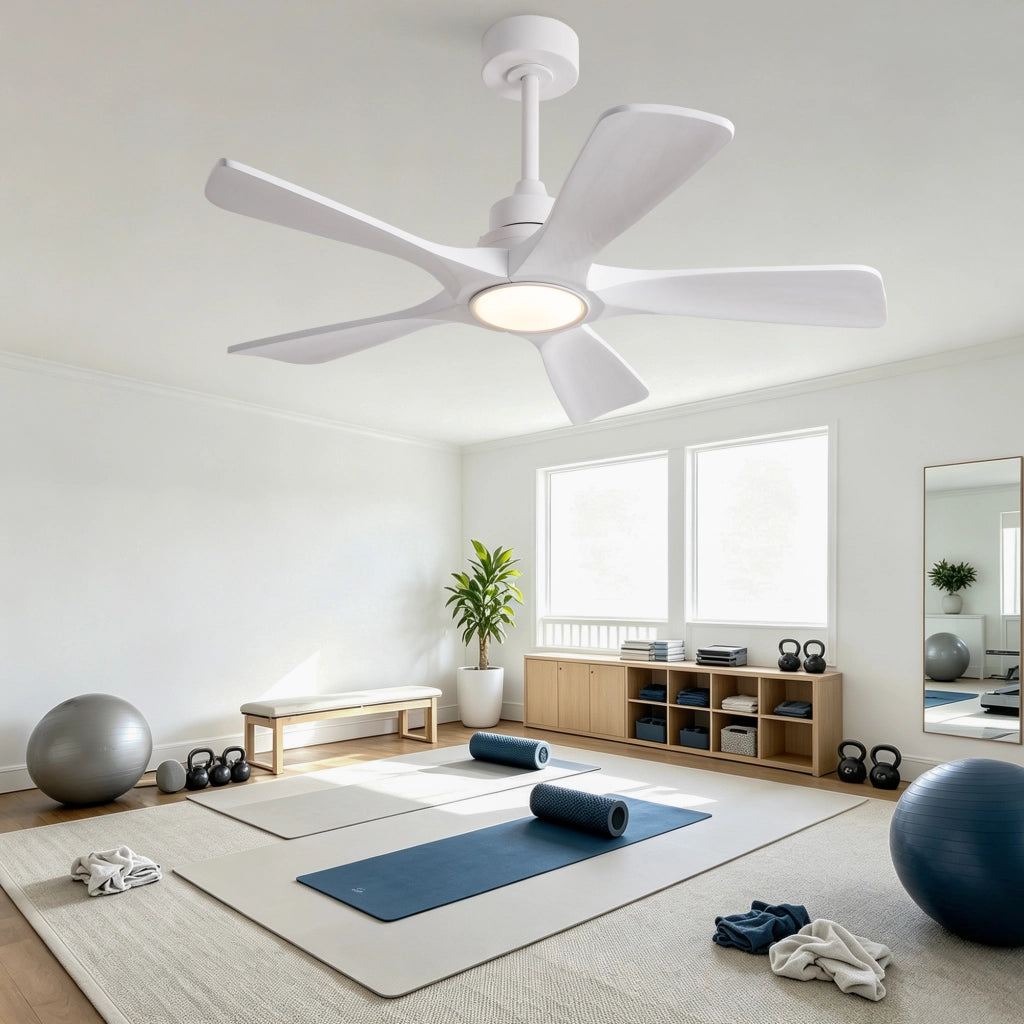 Ventilatore da soffitto bianco puro 42 pollici, 5 pale legno massello rinforzate, motore DC reversibile silenzioso, design moderno classico