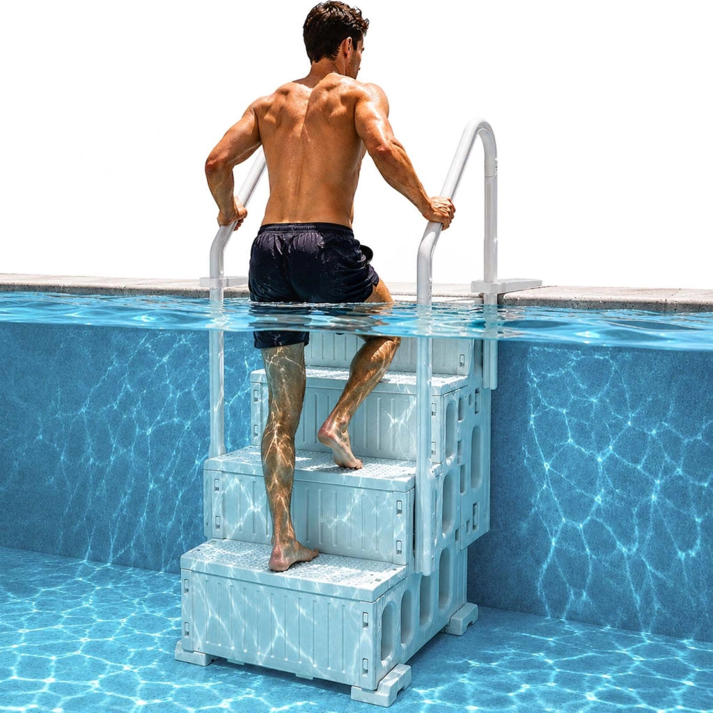 Scaletta di sicurezza per piscina 4 gradini, doppio corrimano antiscivolo, PE bianco latte, carico 181,4 kg, piscine interrate fuori terra 122-137 cm