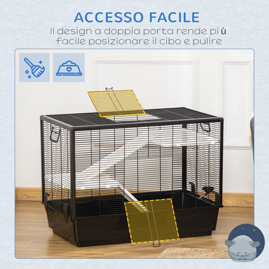 Easycomfort Gabbia per Porcellino d'India con Maniglia, Serbatoio d'Acqua, Rampa e Piatto, 80x48x58cm, Nera