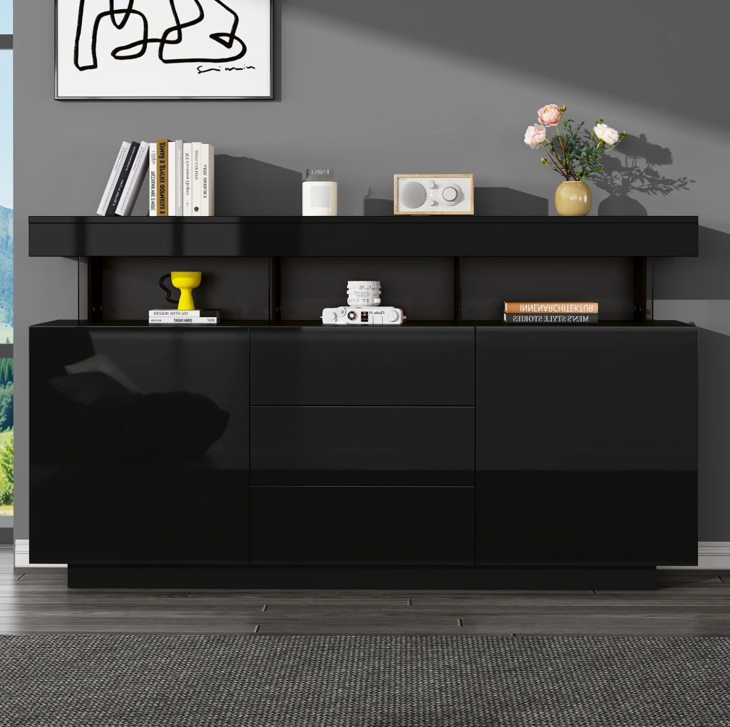 Credenza 140x35x80 cm con LED; 3 cassetti e vani aperti in truciolare e acrilico nero