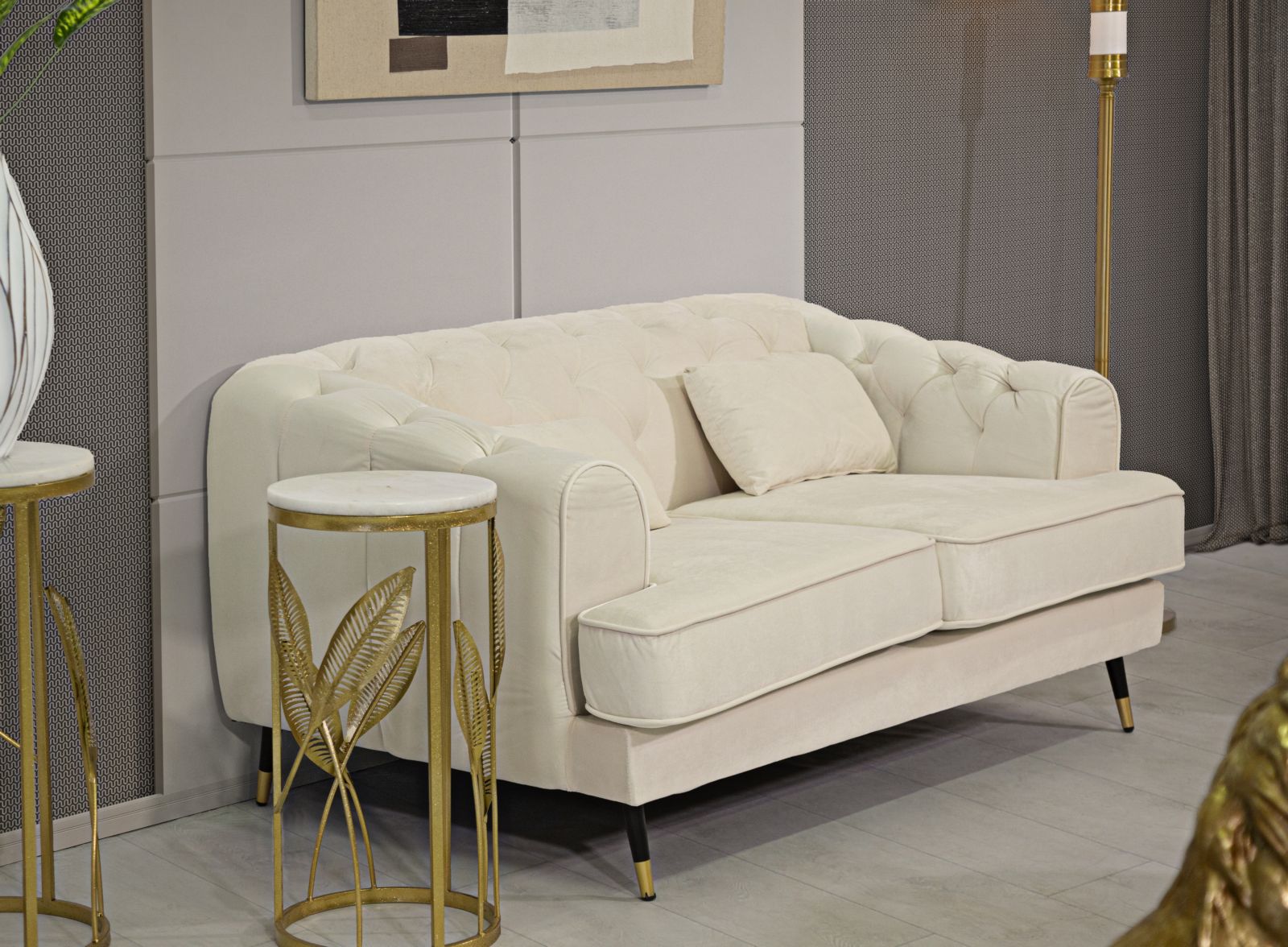 Divanetto 2 Posti Praga 146x71x86 cm in Poliestere Crema/Oro