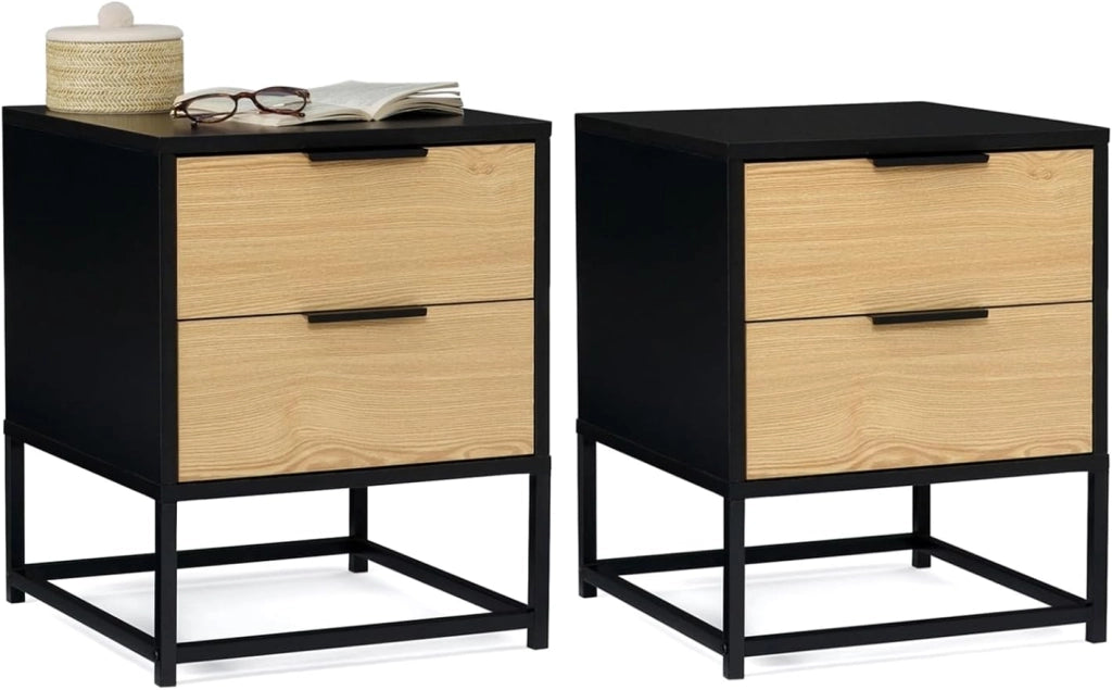 IDMarket - Set di 2 comodini Nevada, 2 cassetti, Design Industriale, Nero e Legno
