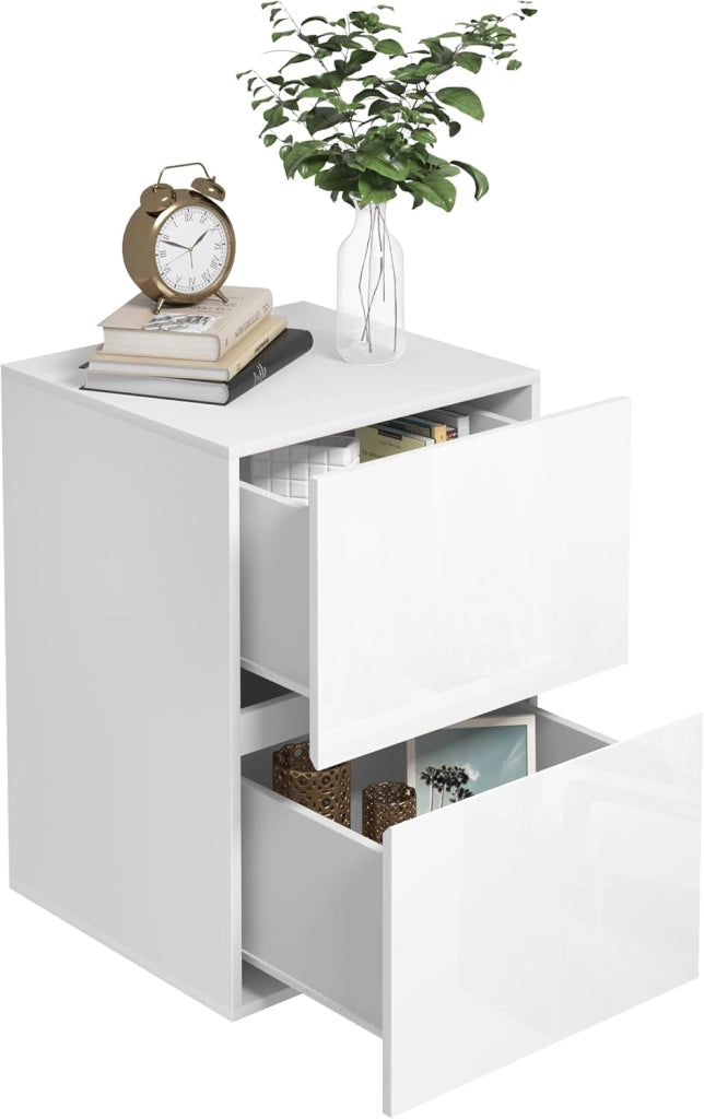 Comodino con 2 Cassetti Lucido, Mobiletto Bianco per Camera da Letto, Salotto, Cassettiera Piccola Salvaspazio in Legno, 40x40x58cm, Design Moderno, 0182ZZ