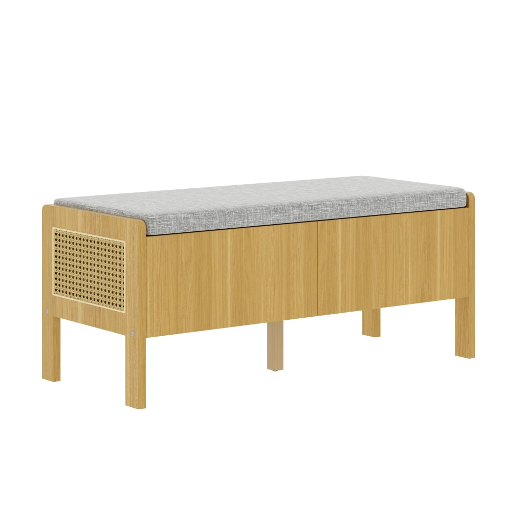 Panca contenitore con 2 cassetti e lati in rattan - in bamboo e MDF - naturale e grigio