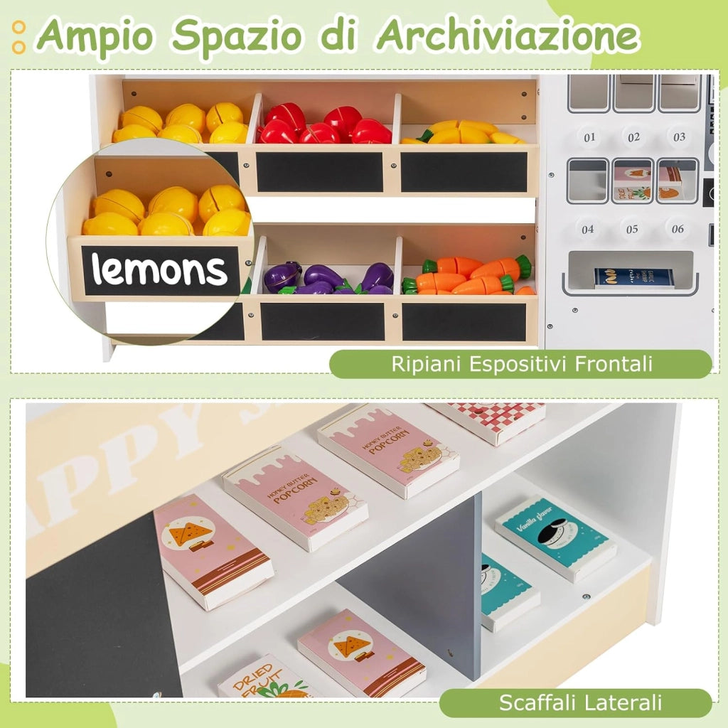 Supermercato Giocattolo per Bambini, Set di Gioco Comprasuper con Carrello, Lavagne, Distributore, Banco Cassa e Accessori Complessivi, per Bambini 3+ Anni, 89,5 x 79 x 104,5 cm
