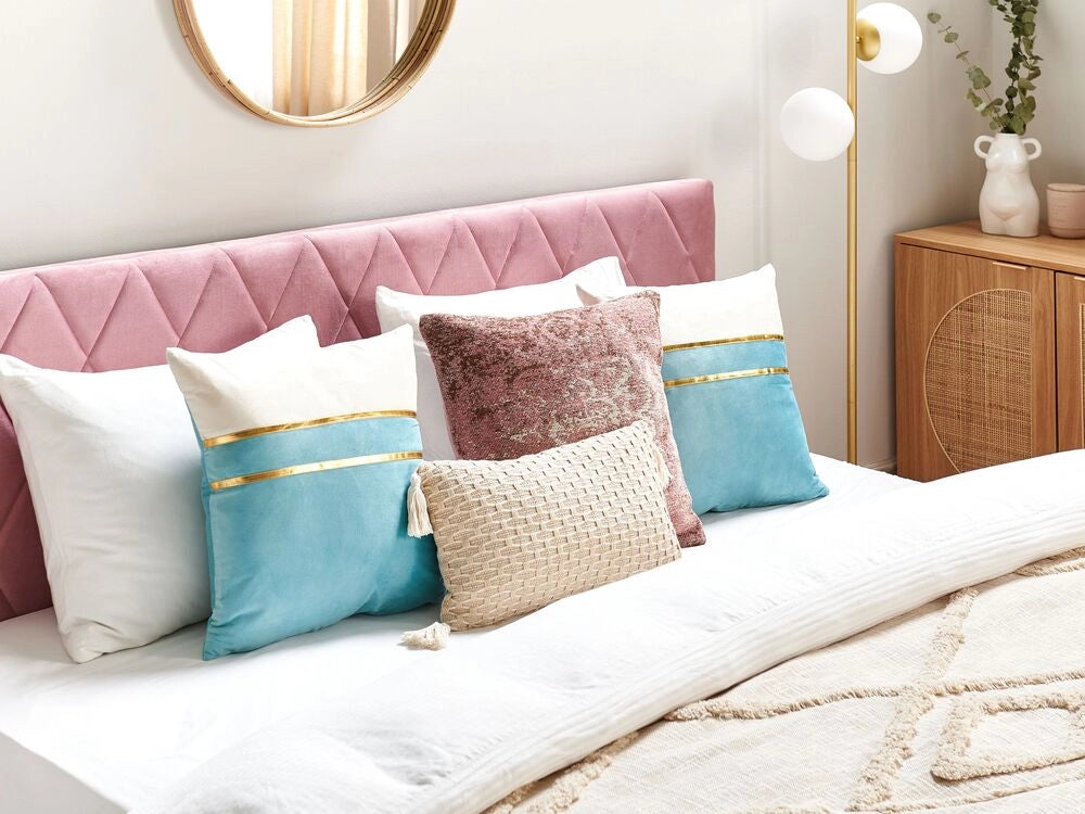 Set di 2 cuscini in velluto blu e beige con dettagli dorati 45 x 45 cm glamour soggiorno camera da letto
