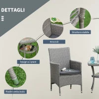 Set Giardino Esterno 3 Pezzi in Rattan PE e Acciaio, Set 2 Sedie con Cuscini Lavabili, Braccioli, Tavolino da Caffè con Piano in Vetro, Salotto da Giardino Balcone Patio Cortile, Grigio