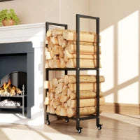 Portalegna da Esterno e Interno a Due Livelli con Ruote in Acciaio Rinforzato, 60x30x119 cm, Nero