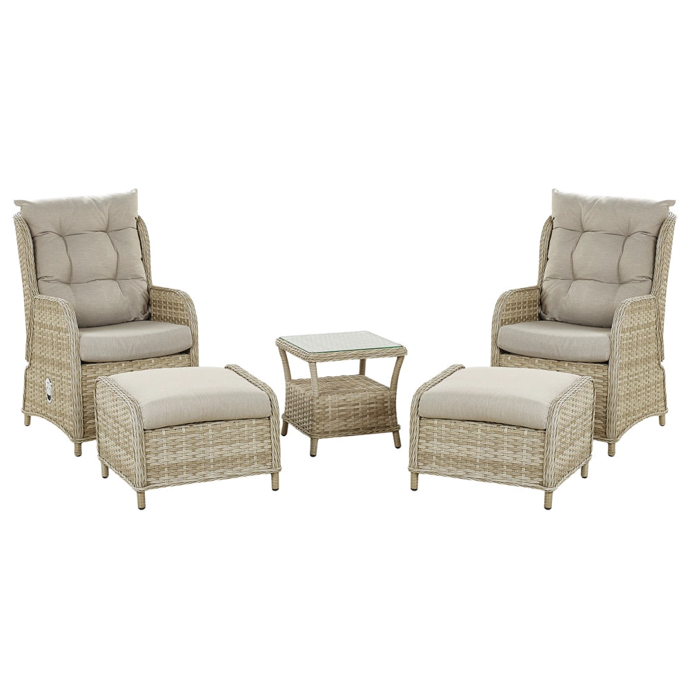 Set da esterno 2 cuscini beige con struttura alluminio rattan sintetico e poliestere Tavolo vetro temperato ripiano reclinabile tradizionale