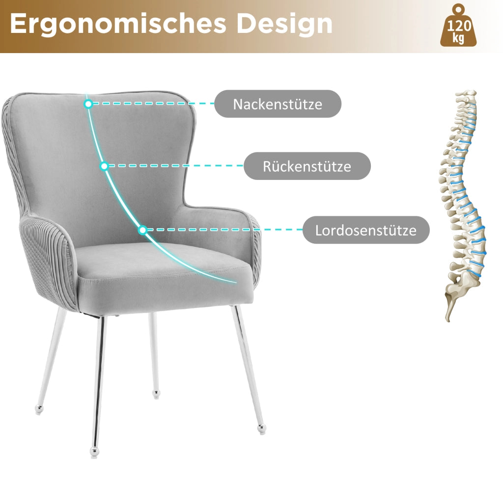 Set di 2 sedie da pranzo in velluto grigio con braccioli e gambe in metallo
