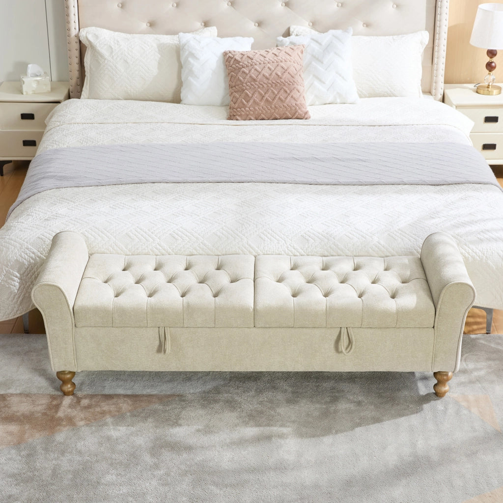 Banca contenitore con doppio coperchio e seduta in chenille con gambe in legno massiccio greige 134,5 × 30,0 × 49,0 cm