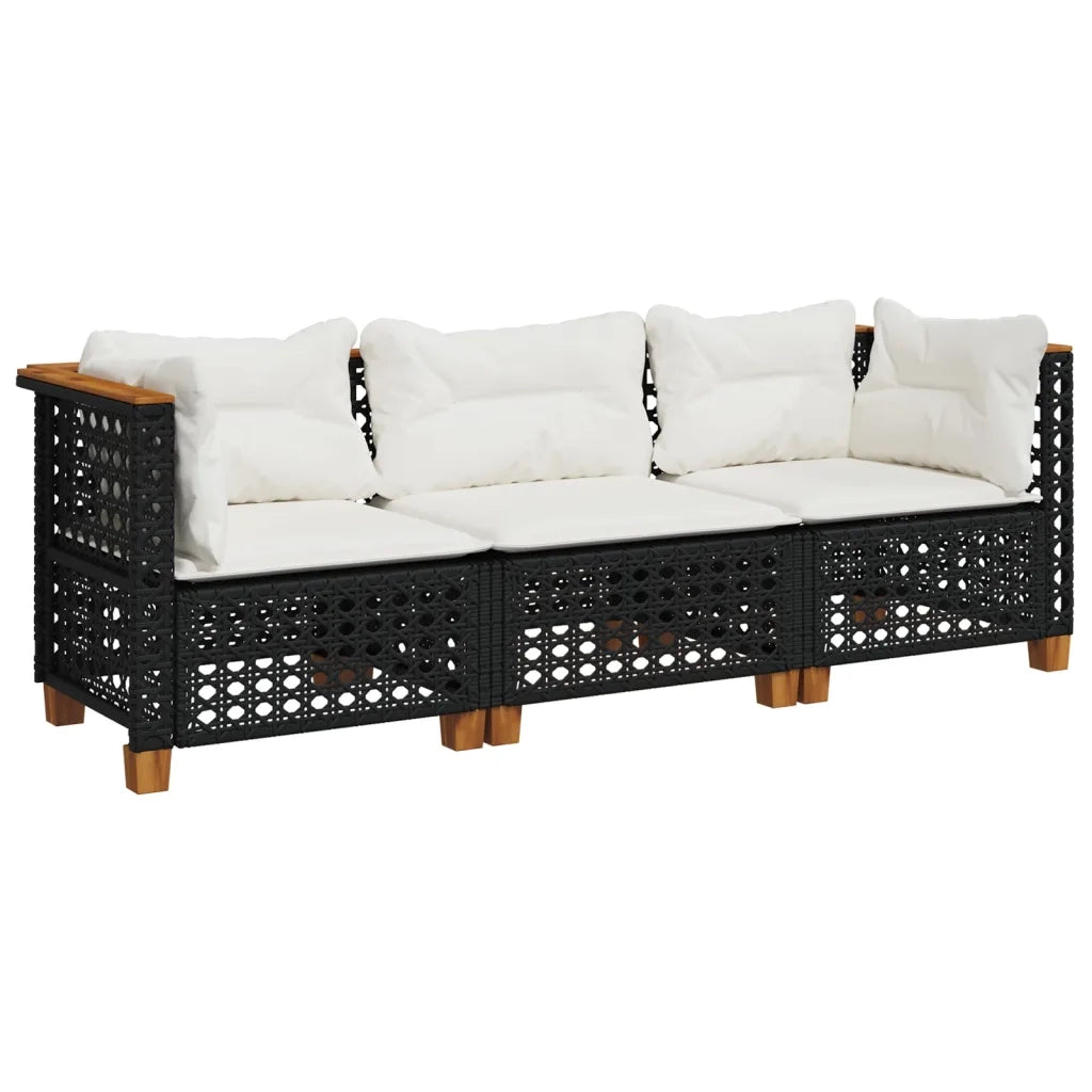 Divano da Giardino a 3 Posti con Cuscini-Sofa da Giardino-Divano da esterno Nero in Polyrattan 833878