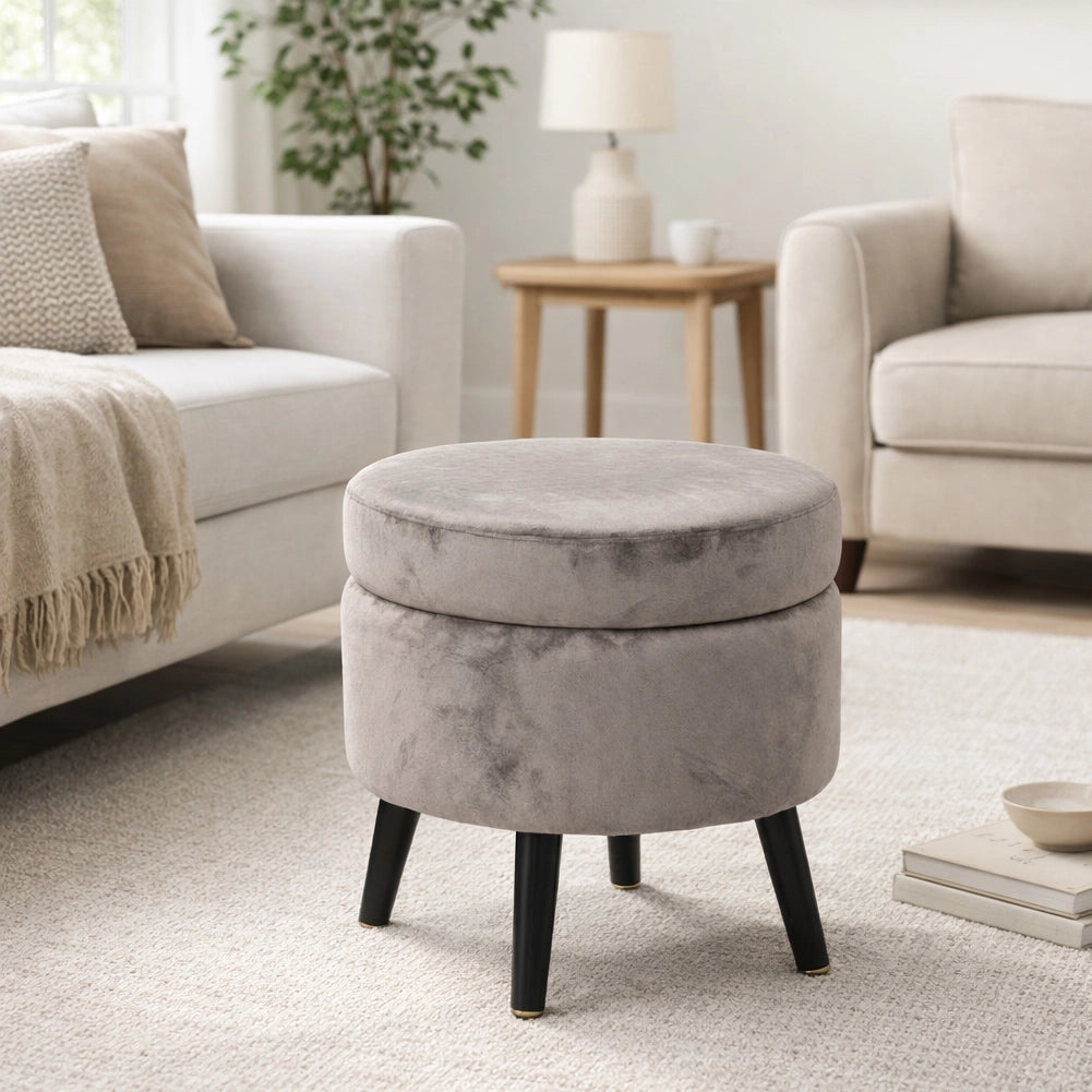 Pouf Contenitore Sgabello Cassapanca Poggiapiedi Tessuto Velluto Tortora 37x40cm