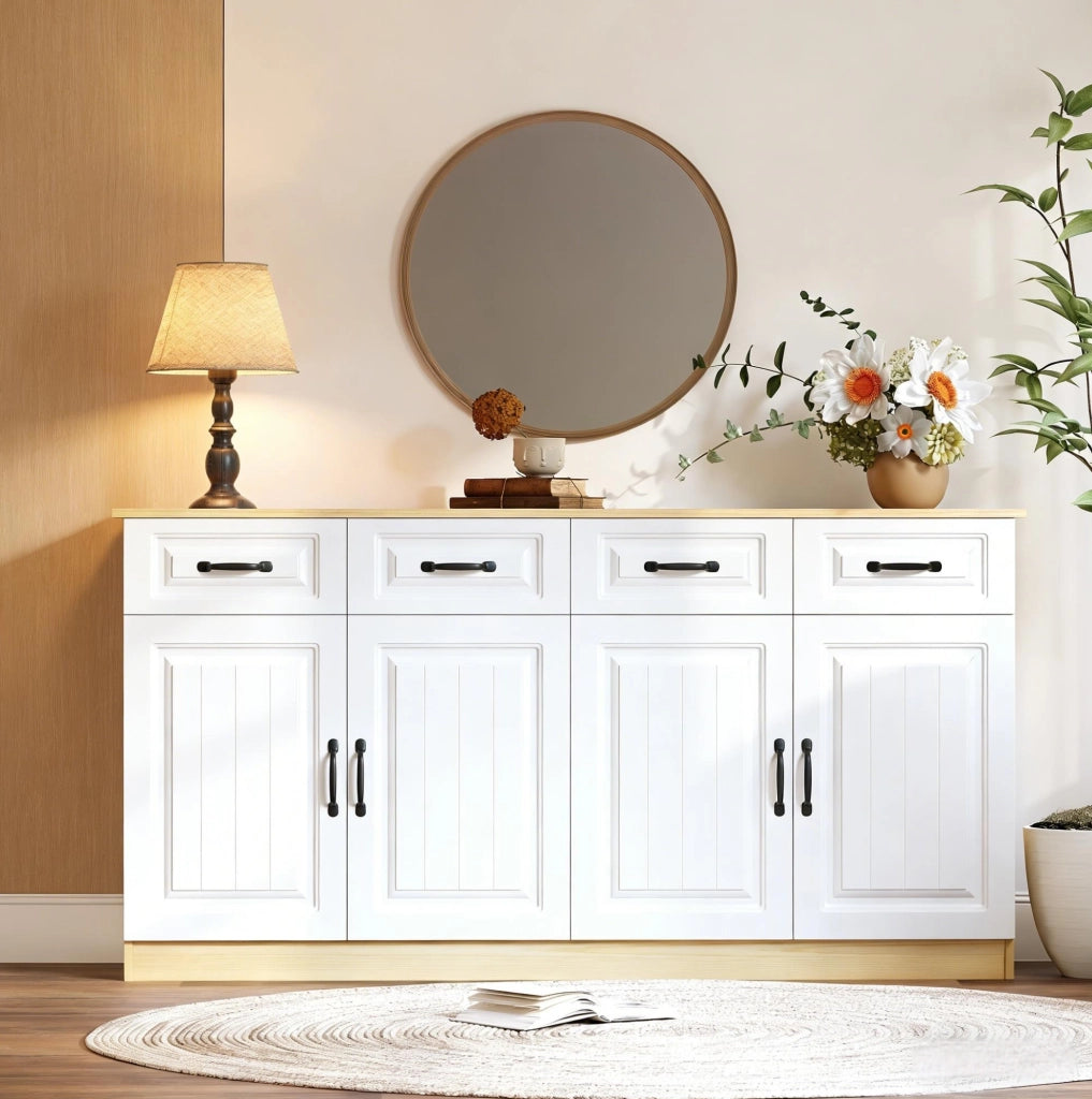 Credenza multifunzione con 4 cassetti e 4 ante, 160 cm, bianco