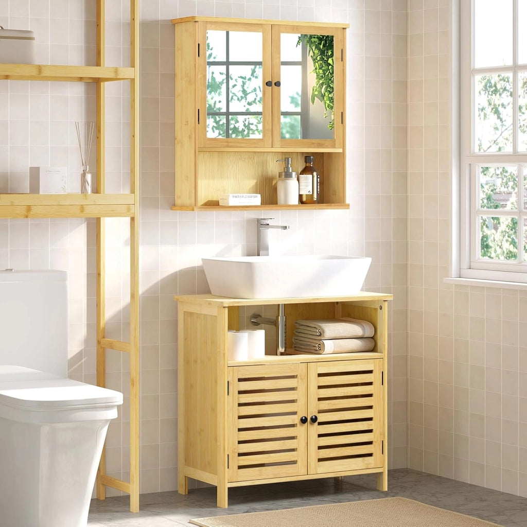 Mobile da Bagno Sotto lavabo, Mobile da Bagno in Bambù con 2 Porte Griglia Magnetiche e 1 Scomparto Aperto, con Ripiano Regolabile, 60x30x60cm