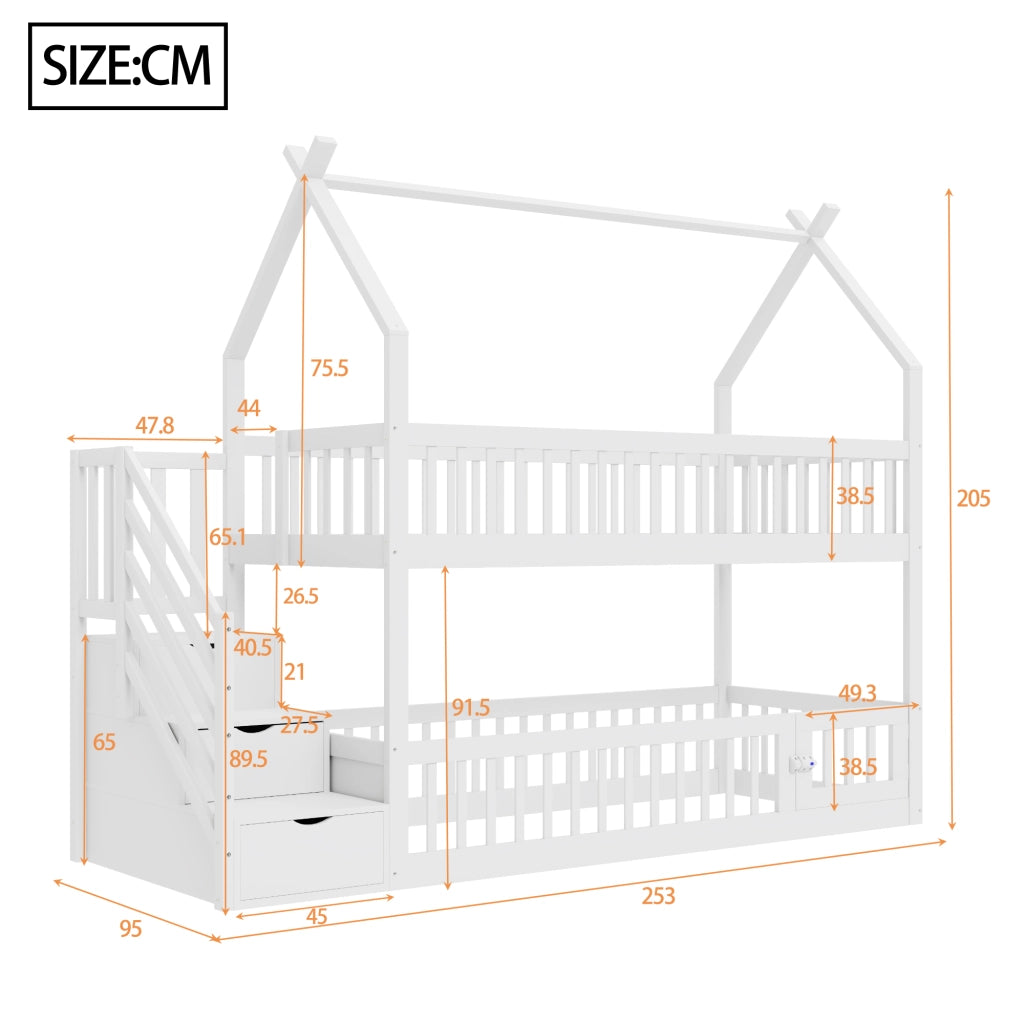 LETTO a castello per bambini 90x200 cm in legno massello bianco con tetto