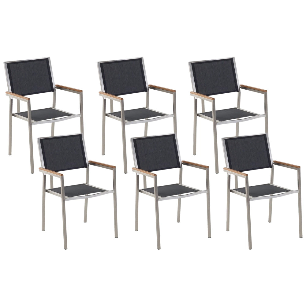 Set di 6 Sedie da Pranzo da Giardino Seduta in Tessuto Nero e Argento Gambe in Acciaio Inox Impilabili per Esterno