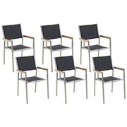 Set di 6 Sedie da Pranzo da Giardino Seduta in Tessuto Nero e Argento Gambe in Acciaio Inox Impilabili per Esterno