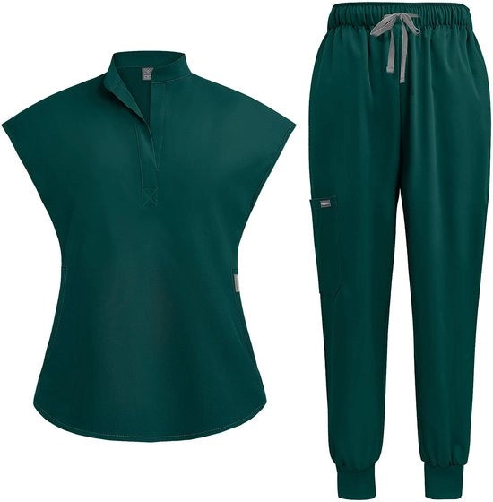 Set di Scrub Medici con Collo Alzato - Top Stretch con 2 Tasche - Pantaloncino Yoga a Cappuccio con Vaporescenza e Resistenza alle Rigidità - Uniforme Sanitaria