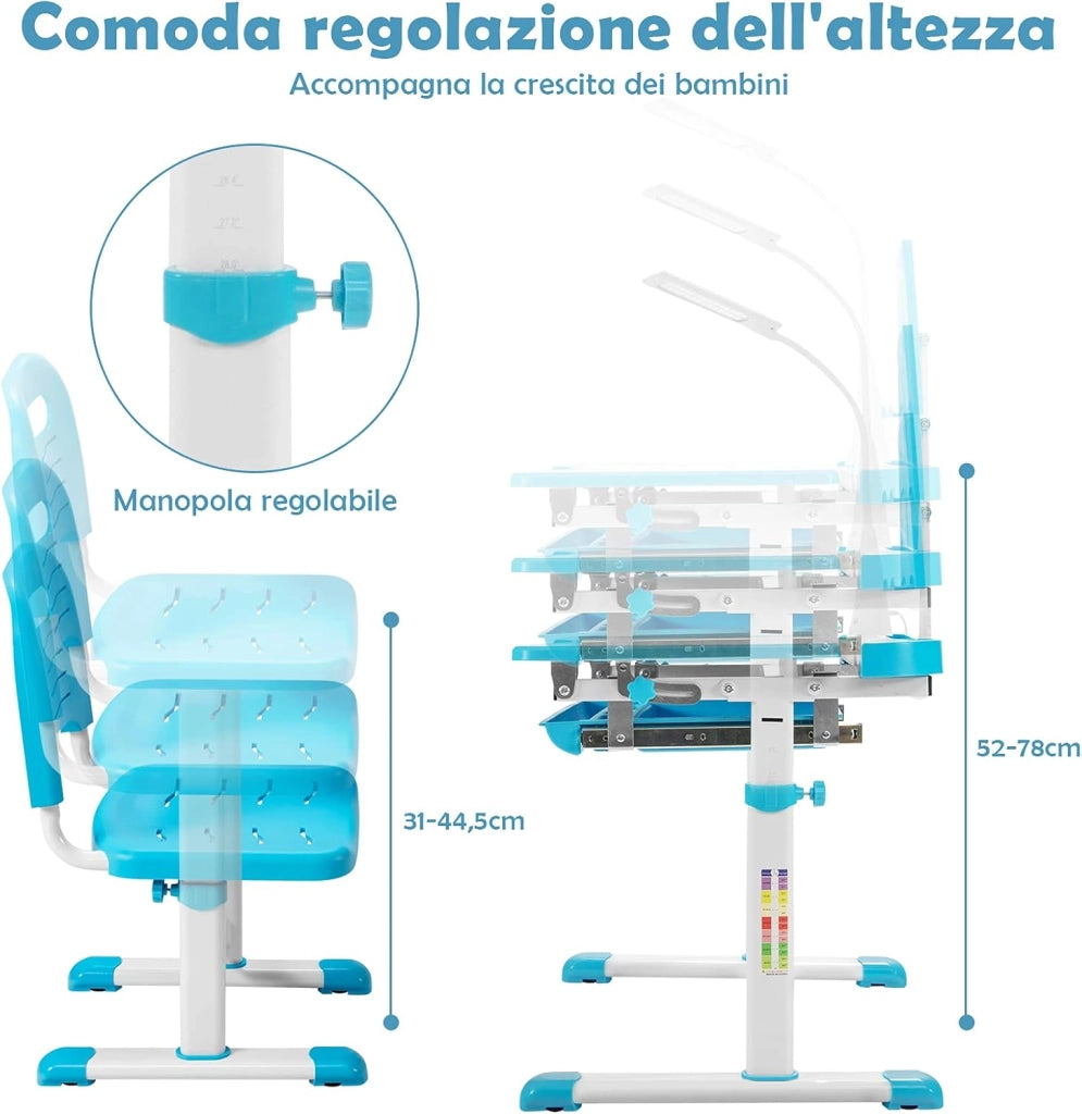 Set Scrivania e Sedia per Bambini, Tavolo per Studiare con Altezza Regolabile, Luce LED e Superficie Inclinata, Scrivania e Sedia per Bambini per Istruzione (Blu)