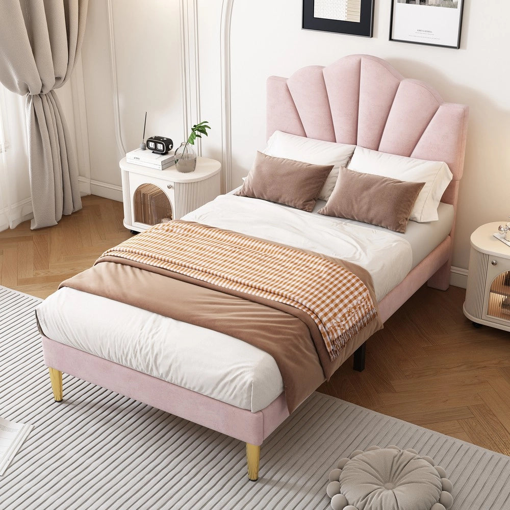 Letto Imbottito Singolo ¨C MINIMAL ¨C Velluto Rosa, Testiera Regolabile, Doghe in Legno, 90x200