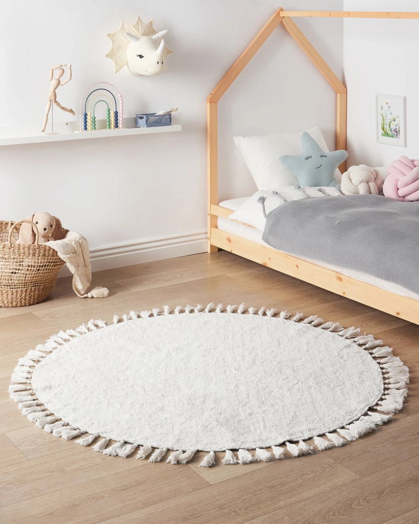 Tappeto rotondo in cotone bianco 120 cm stile boho per soggiorno e cameretta