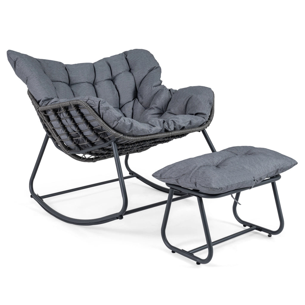 Sedia a dondolo in rattan da interno ed esterno portata 150 kg, Poltrona a dondolo con poggiapiedi e cuscini rimovibili Grigio