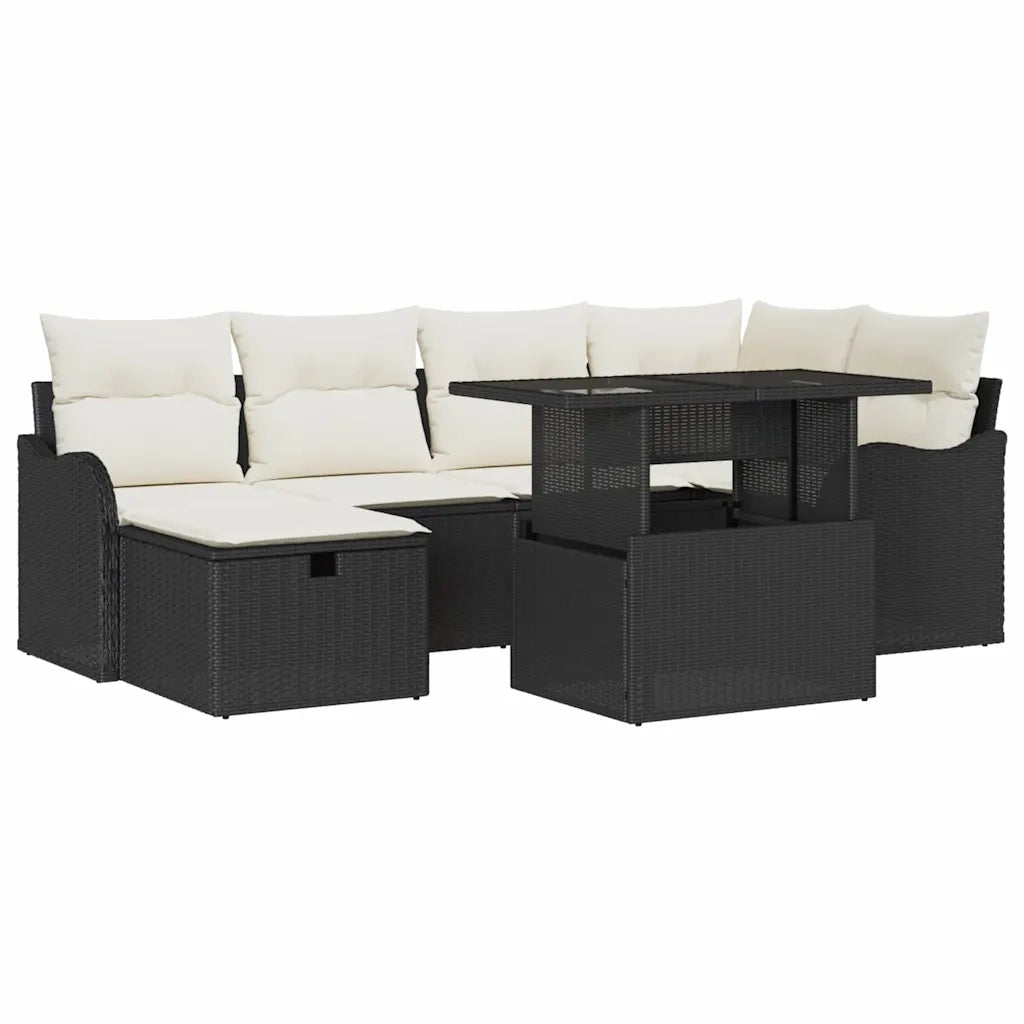 Set Divano da Giardino con cuscino 7 pcs Nero Poly Rattan