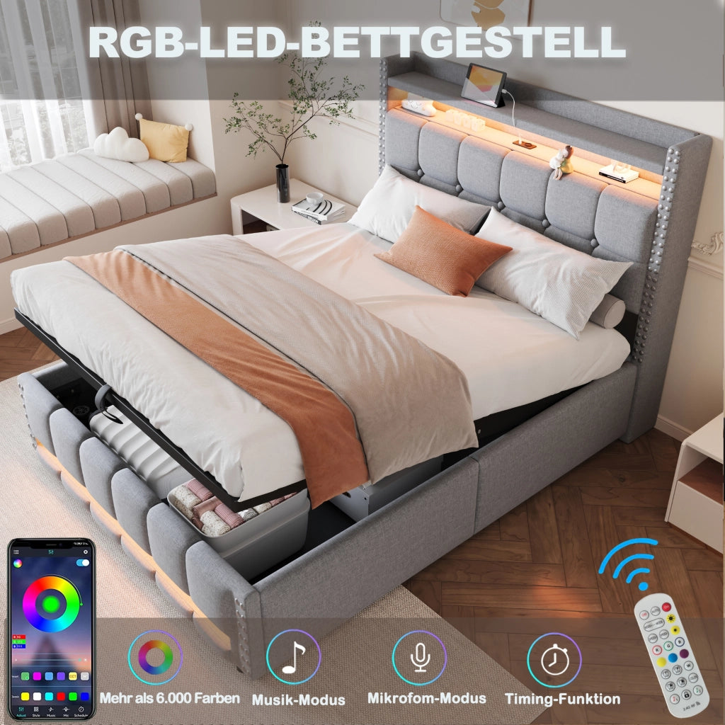 Letto contenitore matrimoniale 140×200 cm con LED; USB e testiera con ripiani; materasso senza; grigio chiaro