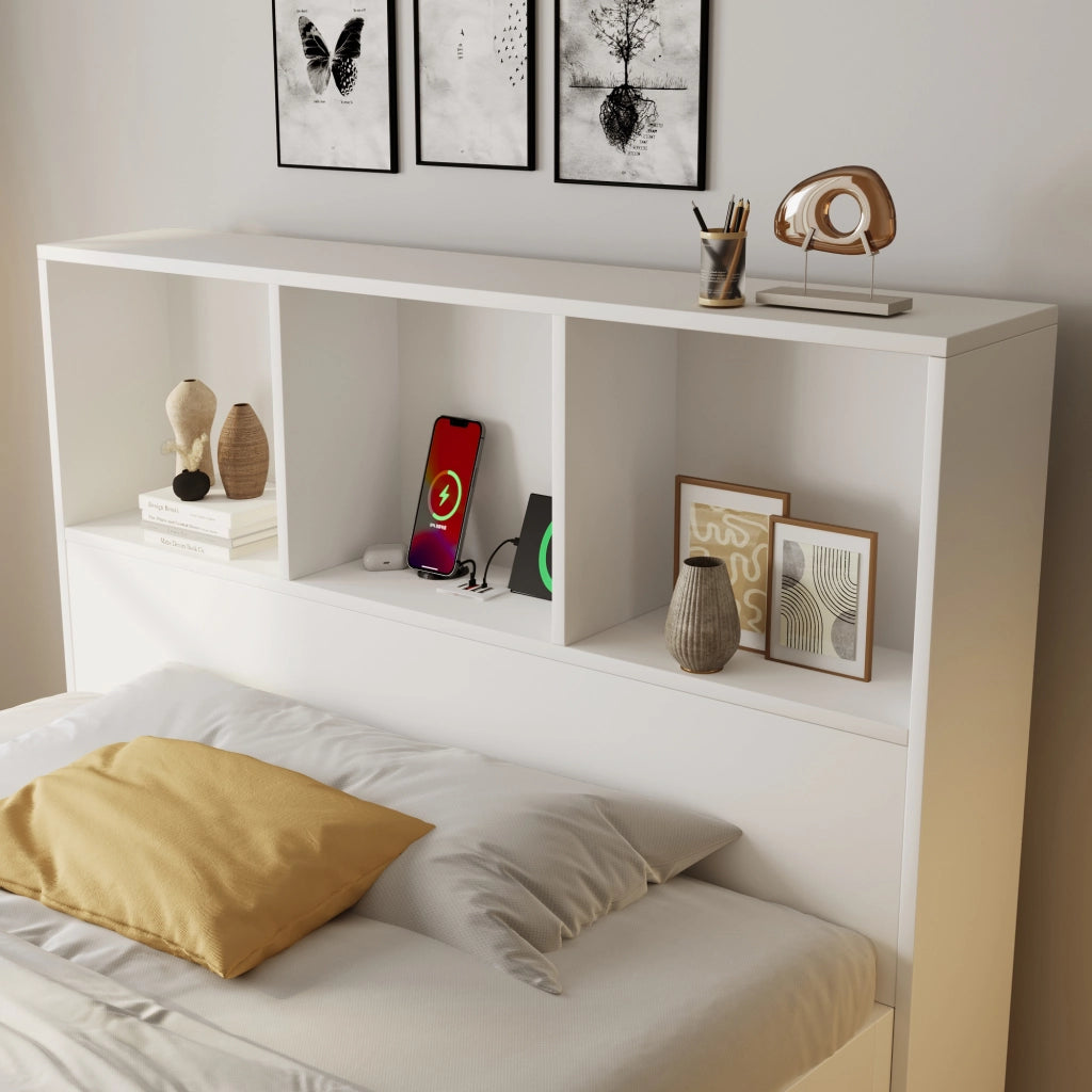 Letto per bambini 90 x 200 cm, spazio contenitivo, comodino incluso, illuminazione a LED, USB/Type-C, con cassetto, bianco