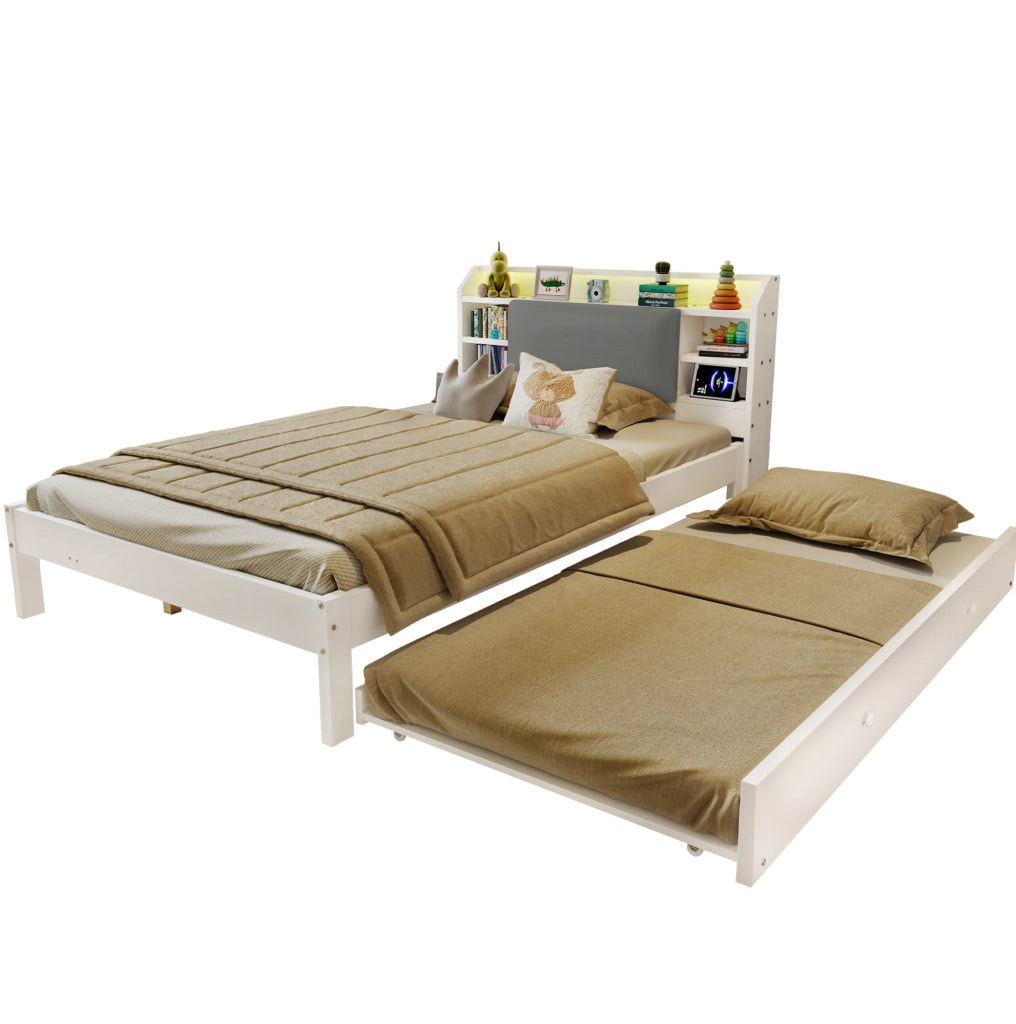 Letto 120x200 cm con letto estraibile; testiera imbottita; LED in legno bianco