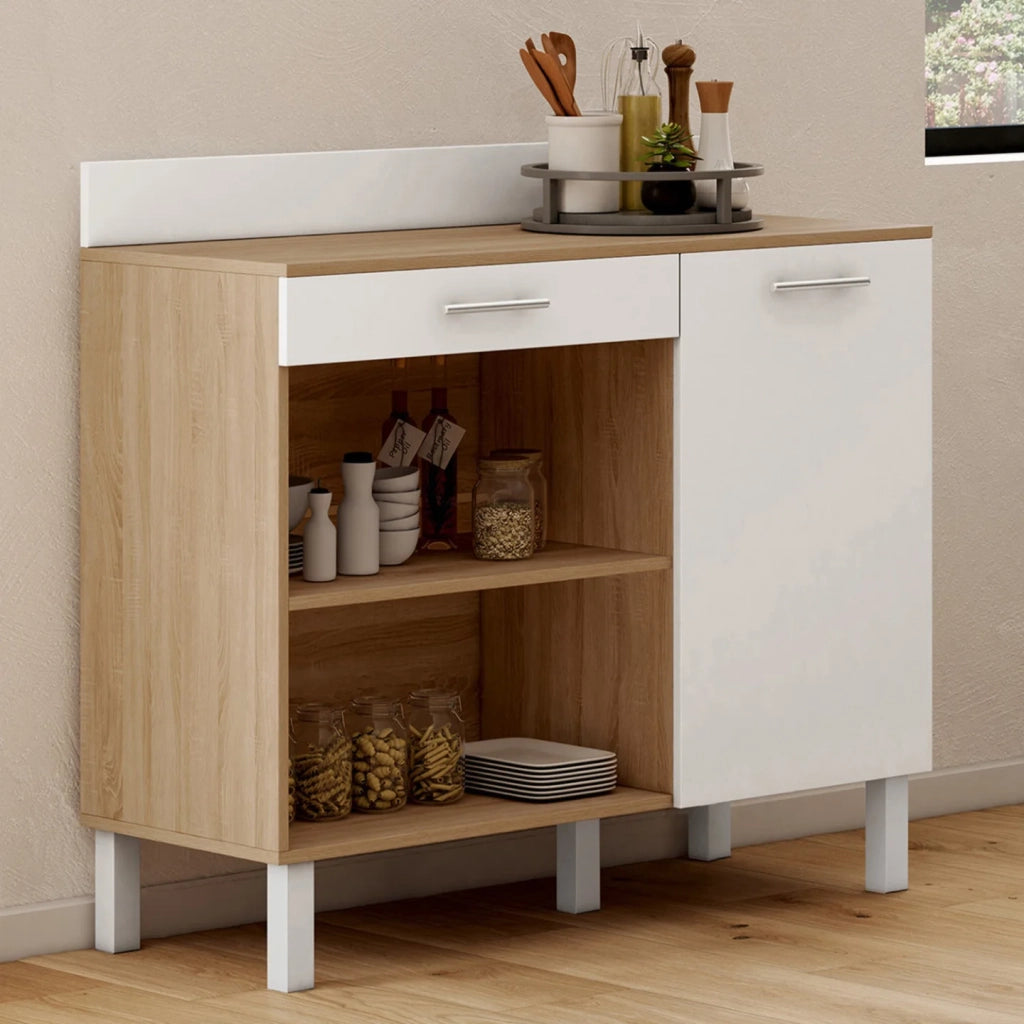 IDMarket - Credenza bassa 100 cm Piano di lavoro CINA H.83 cm 1 anta + 1 cassetto finitura faggio e bianco