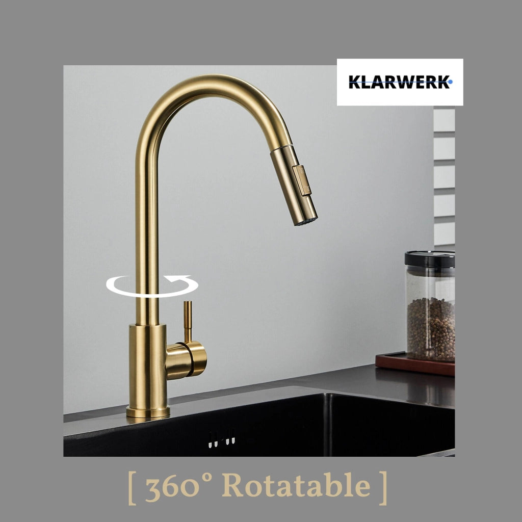 JANA | Rubinetto da cucina estraibile Premium in acciaio inox spazzolato oro | Rubinetto gastro alta pressione ruotabile a 360° 2 attacchi