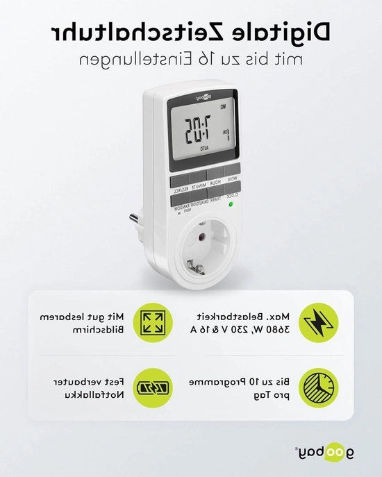 Timer a 16 programmi - Interruttore di contatto modalità casuale in funzione di allarme - Timer con batteria di riserva per 100 giorni - 3680W - 230V (AC)