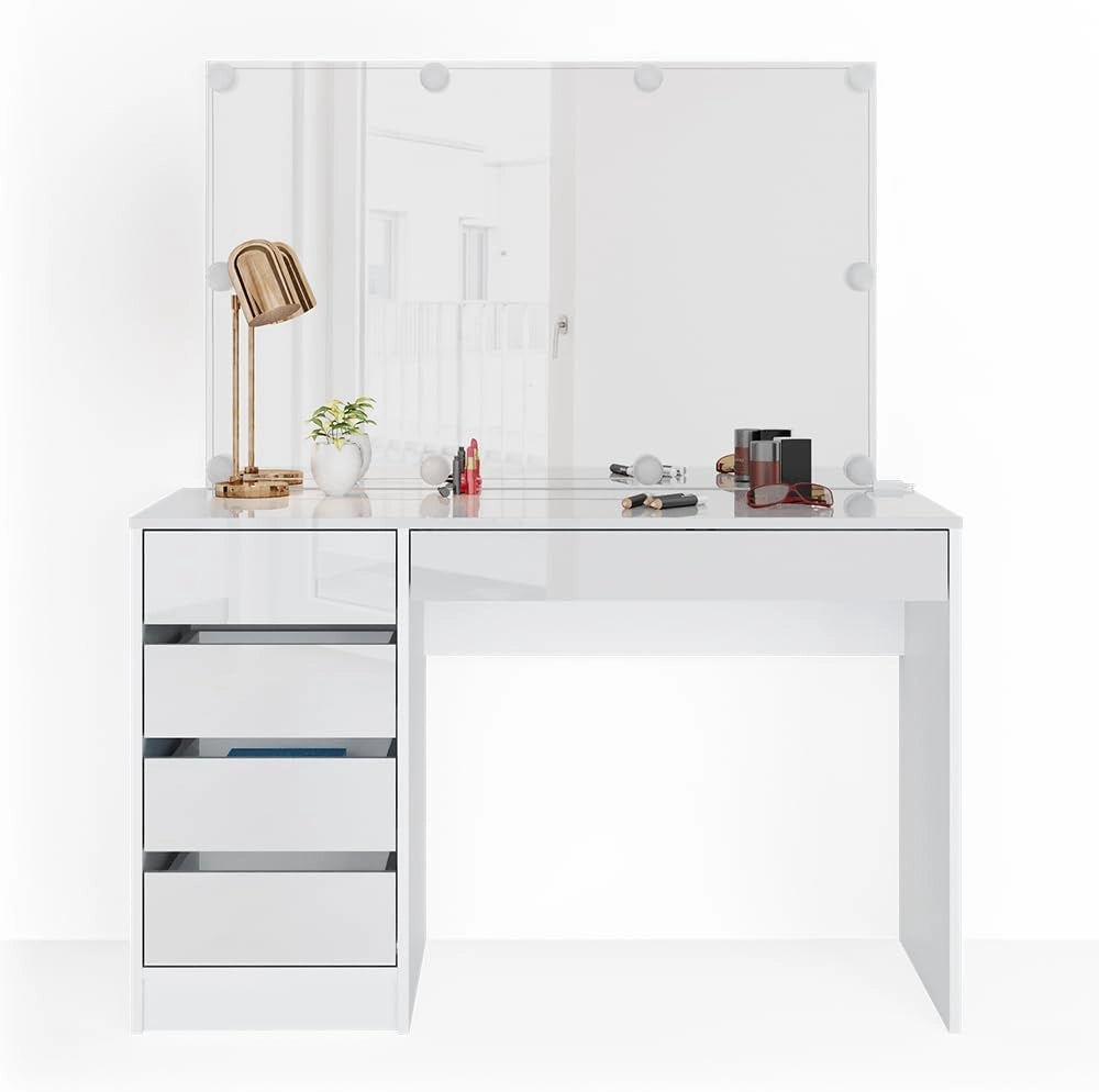 Tavolo da toeletta Sherry, Bianco, 120 cm con illuminazione a LED, con illuminazione LED e grande specchio rettangolare